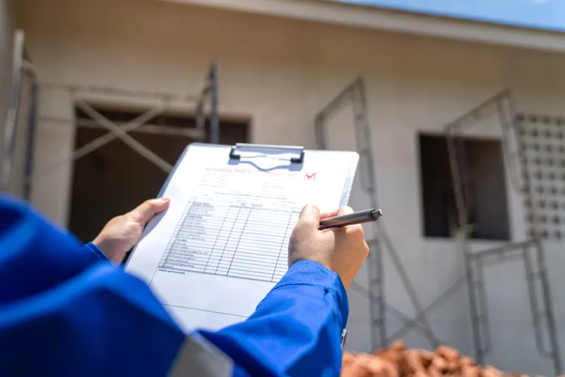 Inspector holding a checklist at a new-build home under construction
