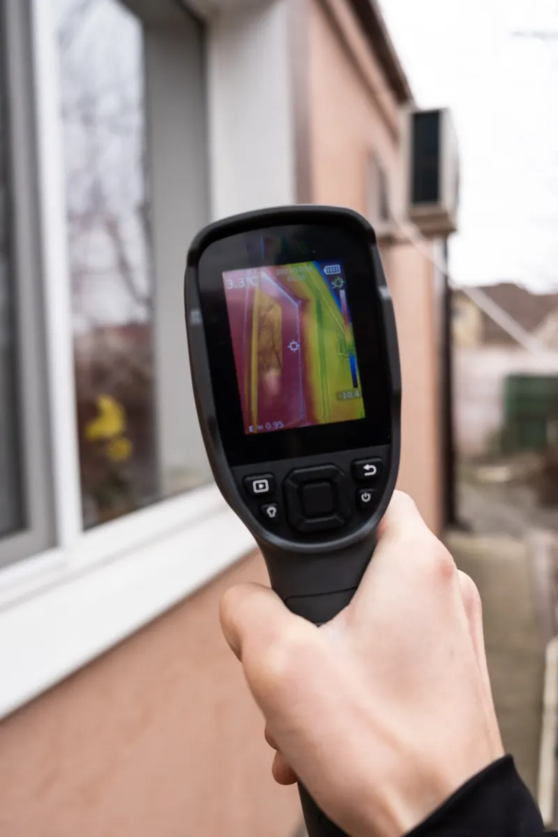 Handheld thermal camera scanning a home